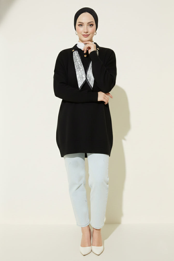 BNG Women Fularlı Triko Tunik R7178 Siyah - Cananea