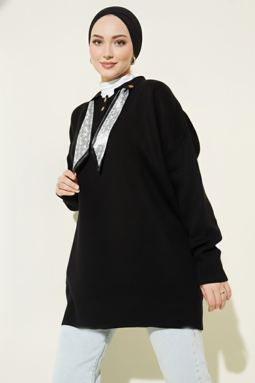 BNG Women Fularlı Triko Tunik R7178 Siyah - Cananea