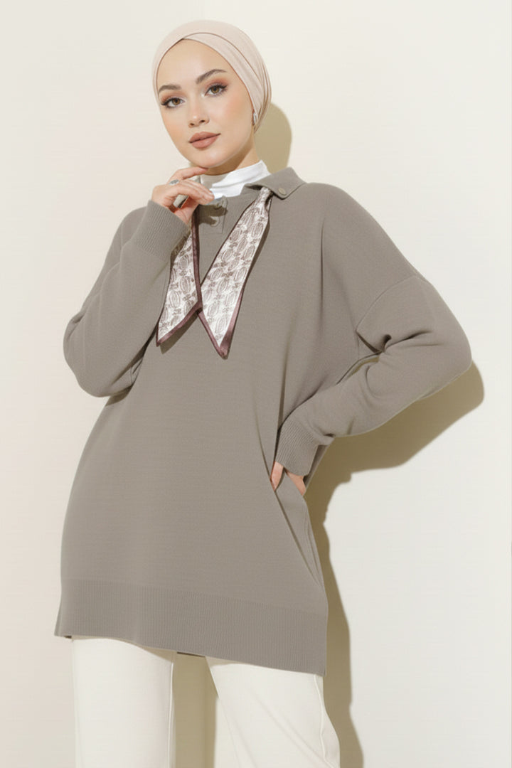 BNG Women Fularlı Triko Tunik R7178 Vizon - Gallarate