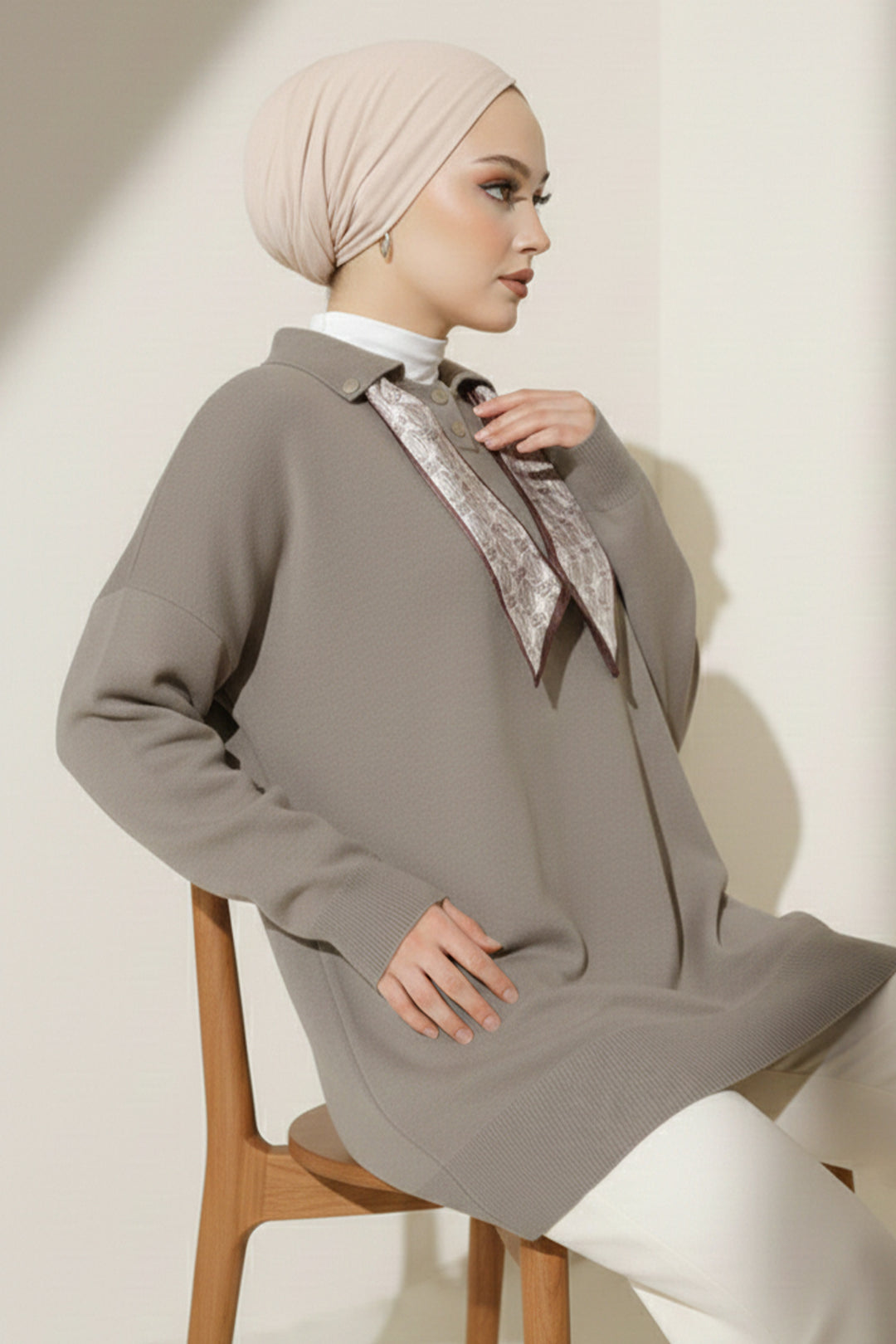 BNG Women Fularlı Triko Tunik R7178 Vizon - Gallarate