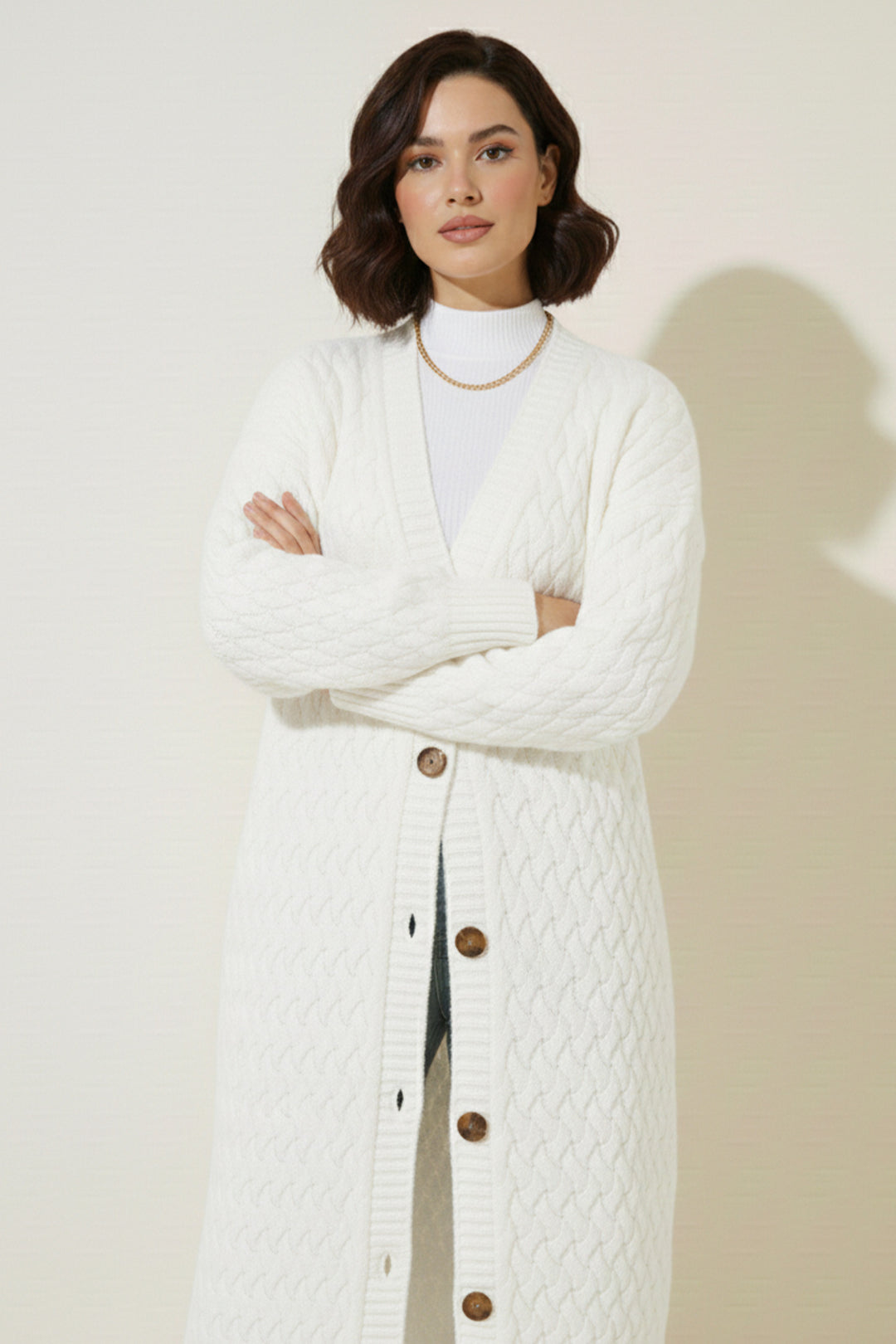 BNG Women Knitted Patterned Long Cardigan R4201 Ecru - Manitowoc