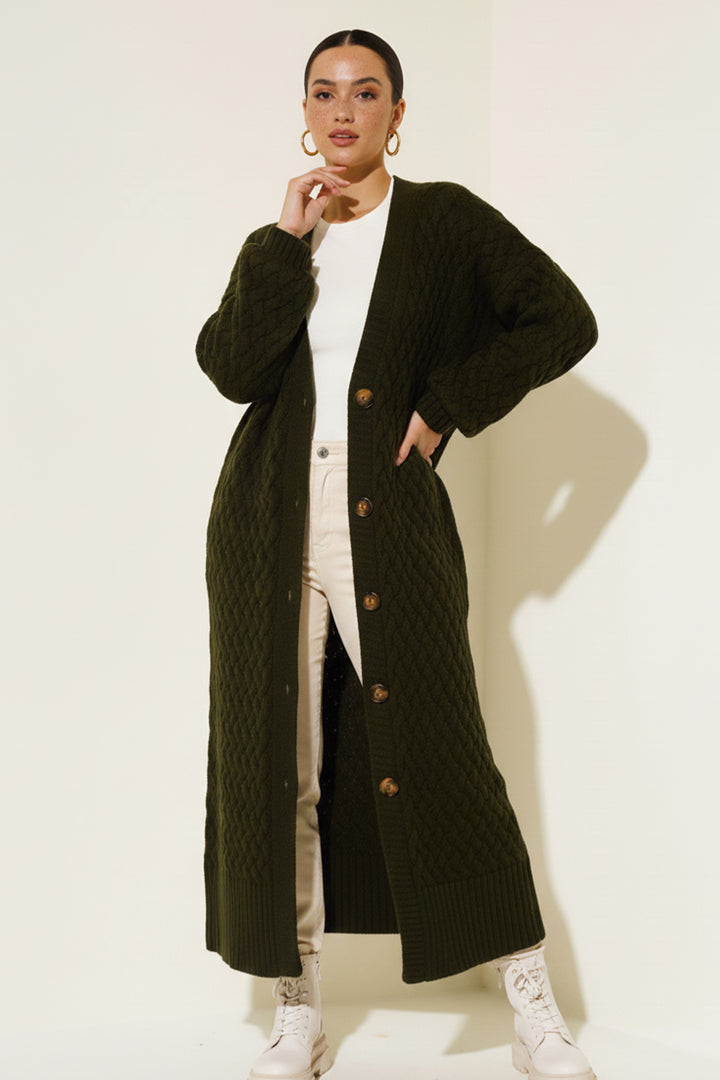 BNG Women Knitted Pattern Long Cardigan R4201 Khaki - Chieri
