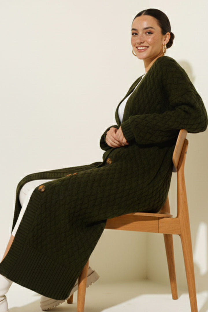 BNG Women Knitted Pattern Long Cardigan R4201 Khaki - Chieri