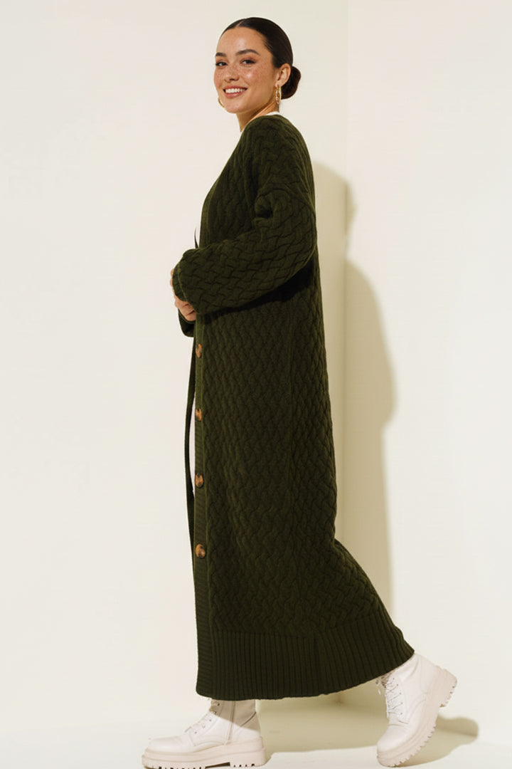 BNG Women Knitted Pattern Long Cardigan R4201 Khaki - Chieri