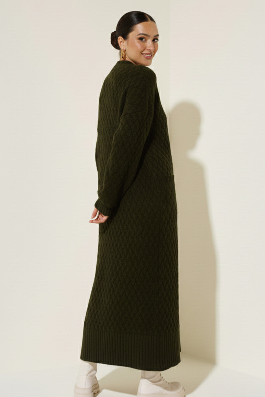 BNG Women Knitted Pattern Long Cardigan R4201 Khaki - Chieri