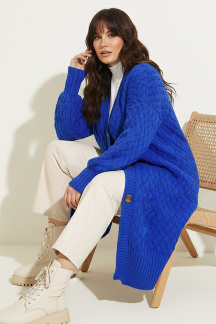 BNG Women Knitted Pattern Long Cardigan R4201 Sax Blue - Como