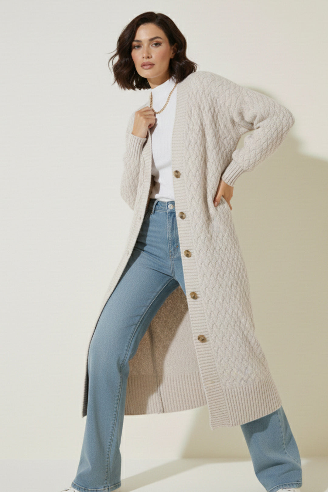 BNG Women Knitted Pattern Long Cardigan R4201 Stone Color - Euless