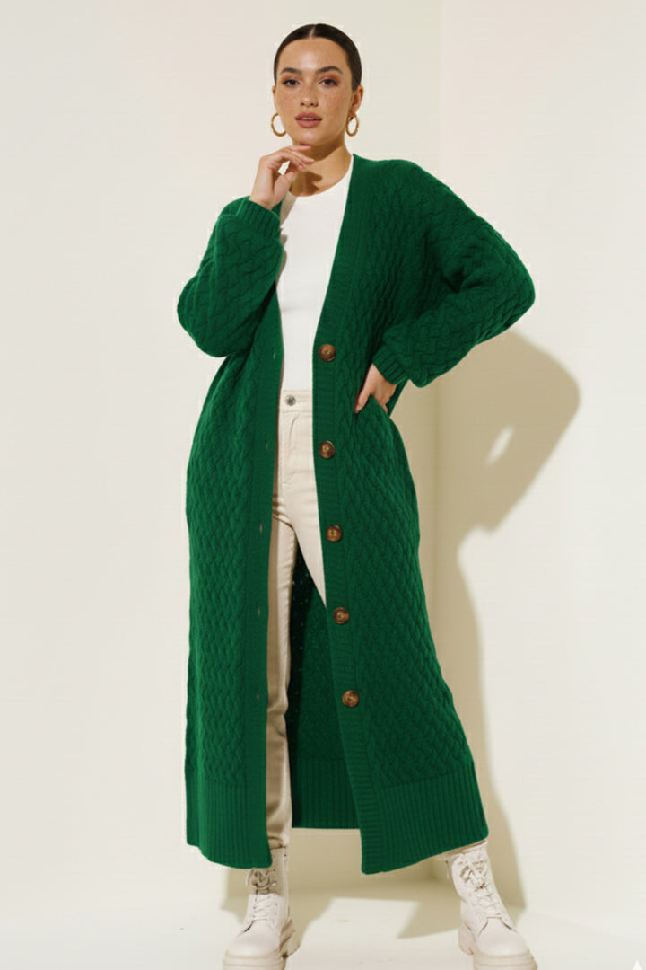 BNG Women Knitted Patterned Long Cardigan R4201 Emerald Green - Backnang