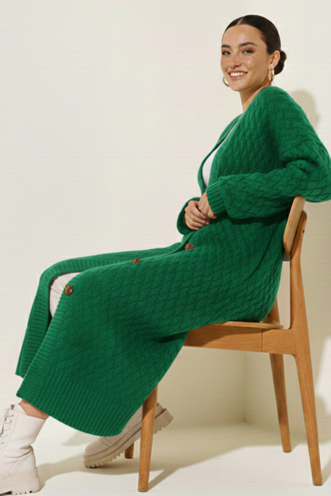 BNG Women Knitted Patterned Long Cardigan R4201 Emerald Green - Backnang