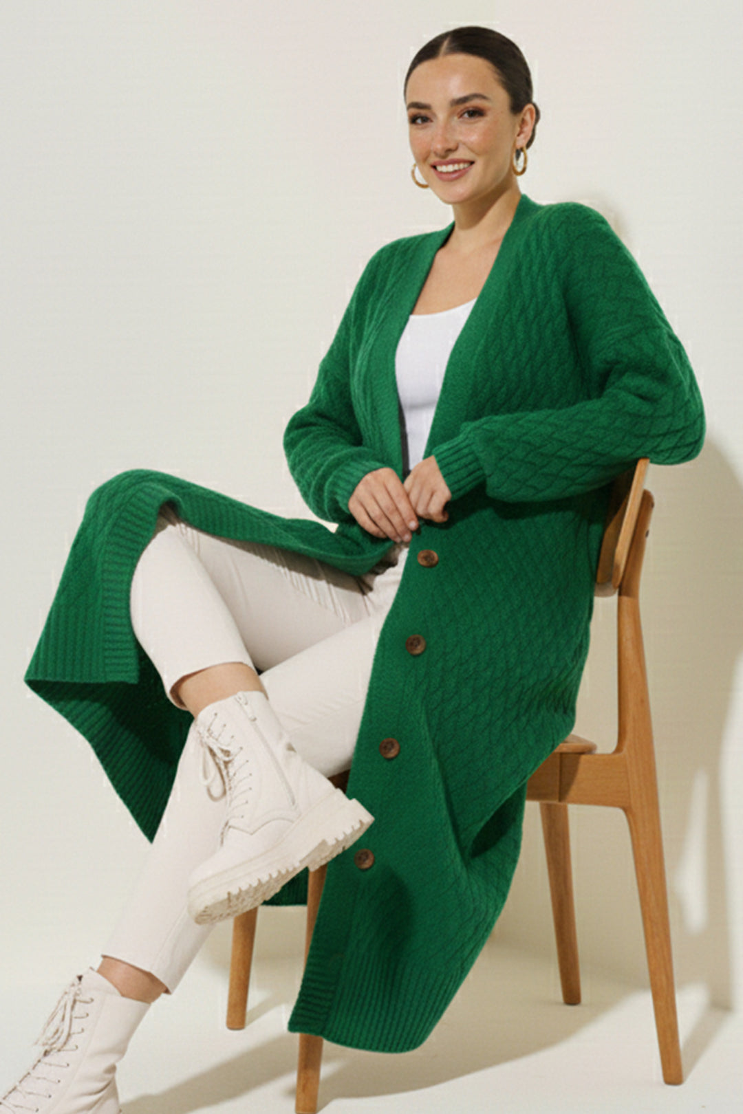 BNG Women Knitted Patterned Long Cardigan R4201 Emerald Green - Backnang