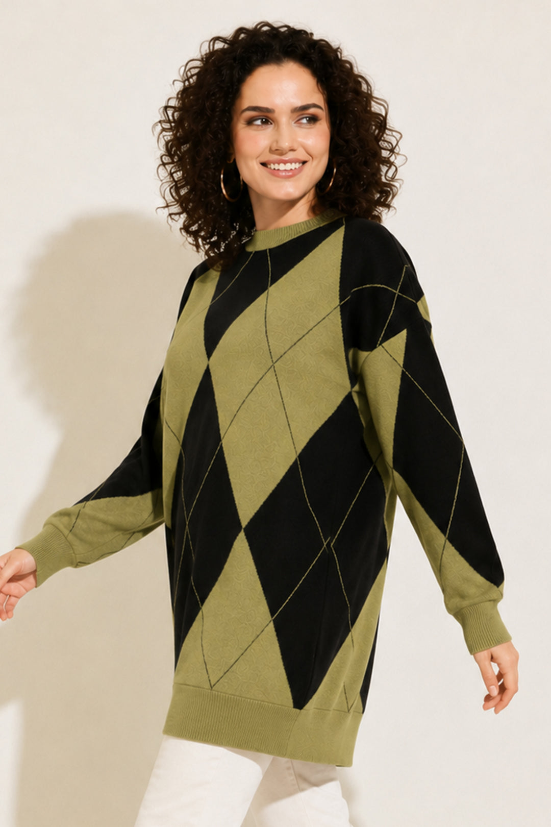 BNG Women Baklava Desenli Triko R7179 Yağ Yeşili - Livry-Gargan