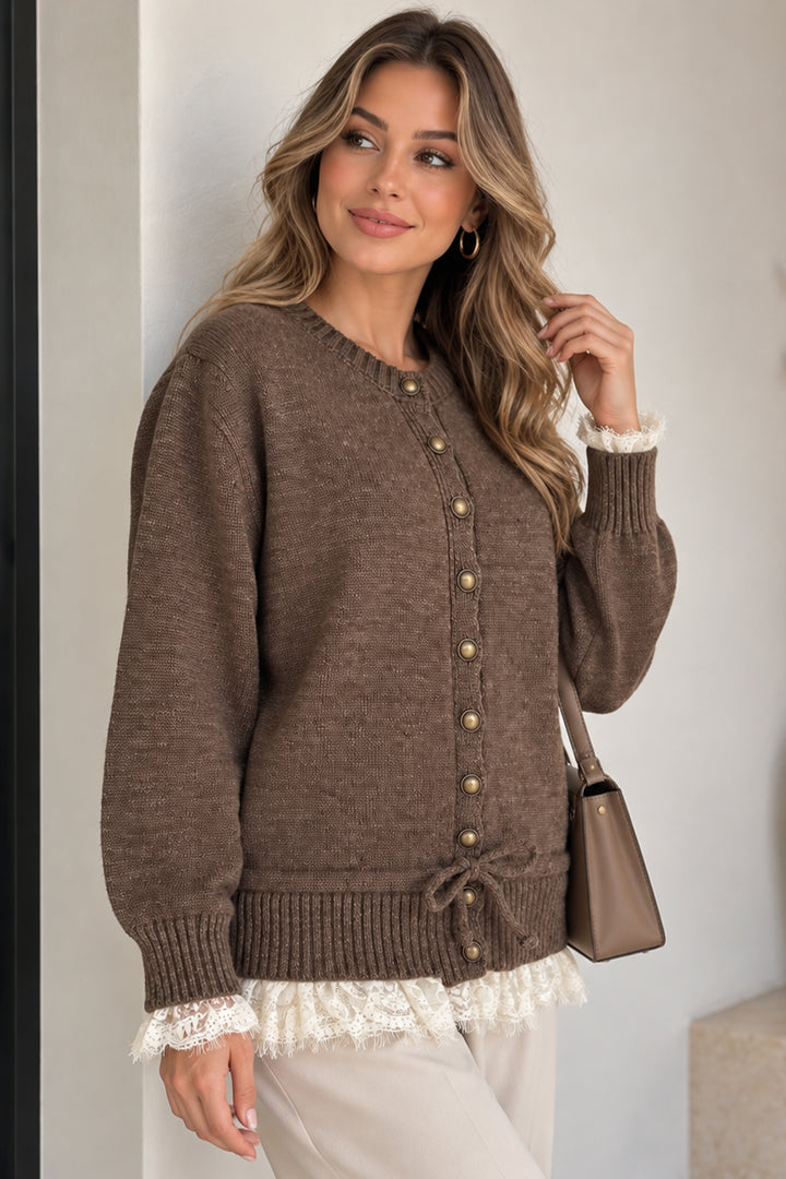 BNG Women R4621 Dantel Detaylı Hırka Kahverengi - Metz