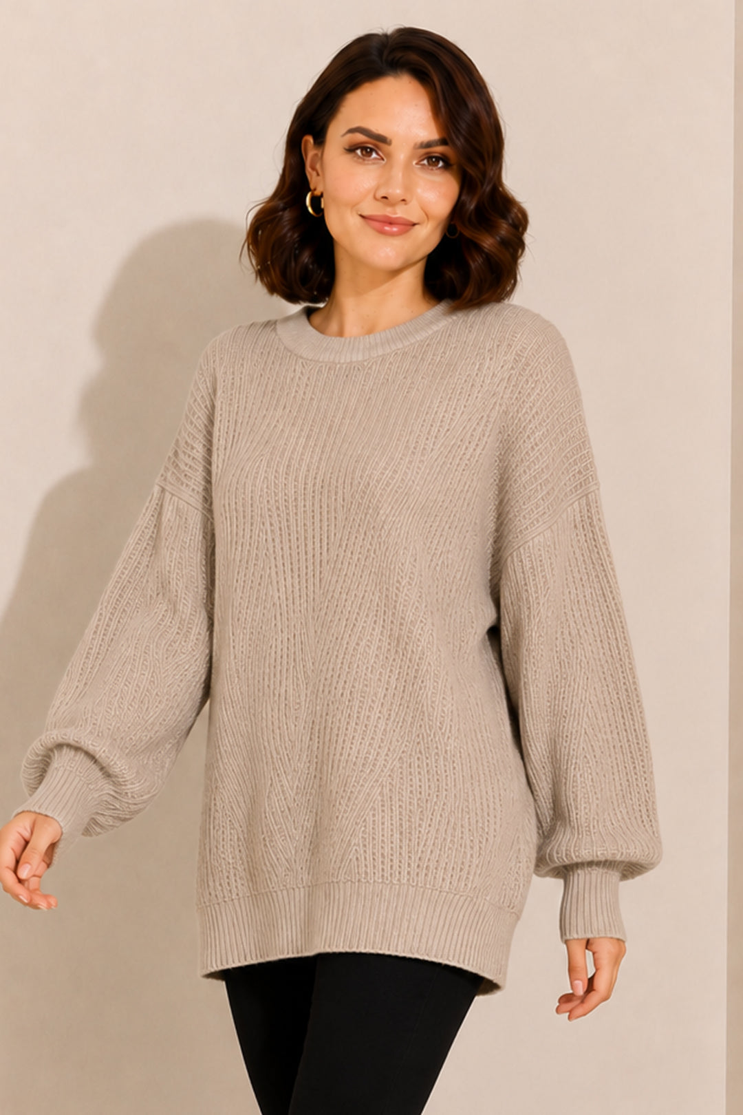 BNG Women Kendinden Desenli Triko Tunik R4444 Bej - Ontario