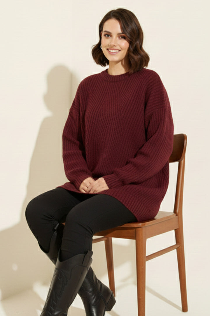 BNG Women Kendinden Desenli Triko Tunik R4444 Bordo - Grapevine