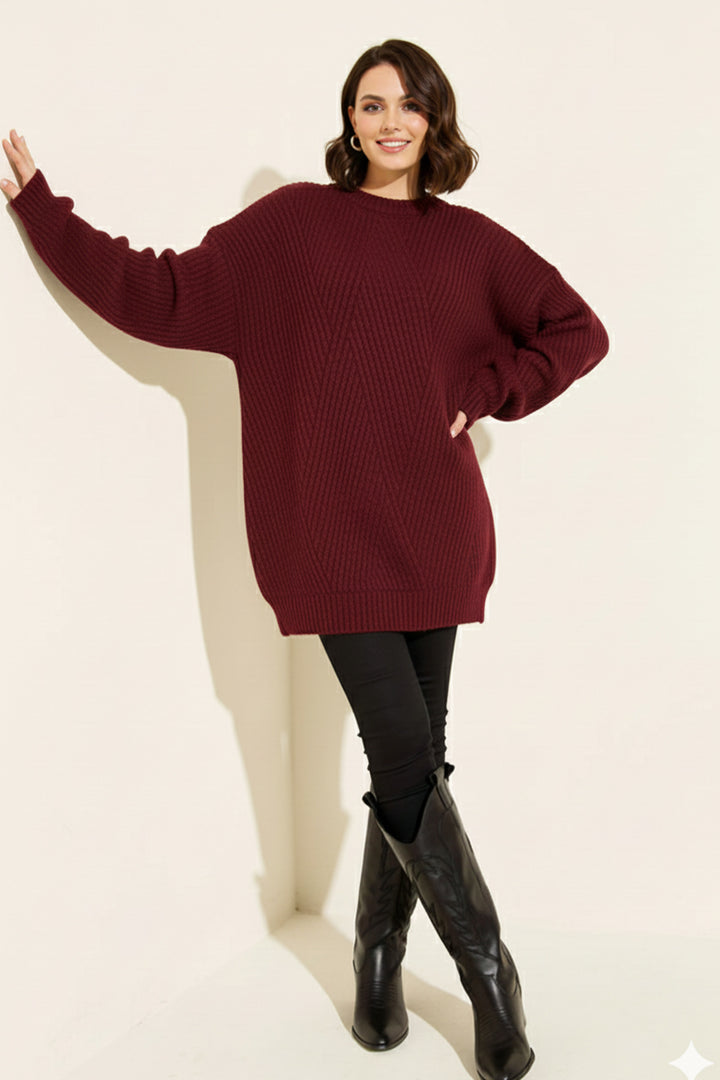 BNG Women Kendinden Desenli Triko Tunik R4444 Bordo - Grapevine