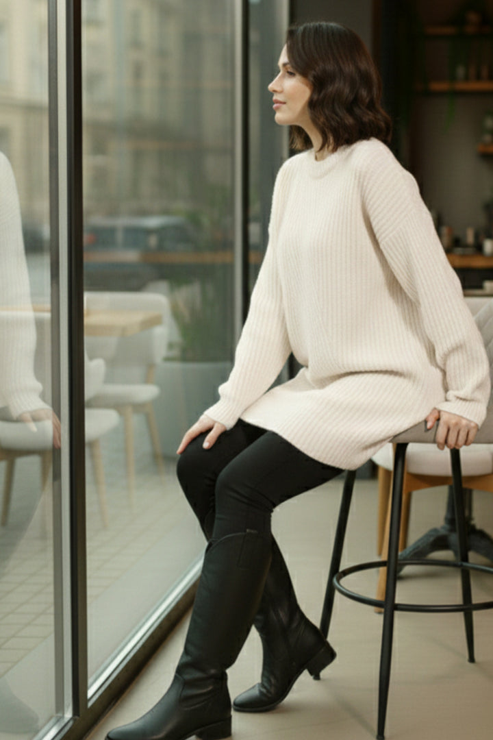BNG Women Kendinden Desenli Triko Tunik R4444 Ekru - Miramar