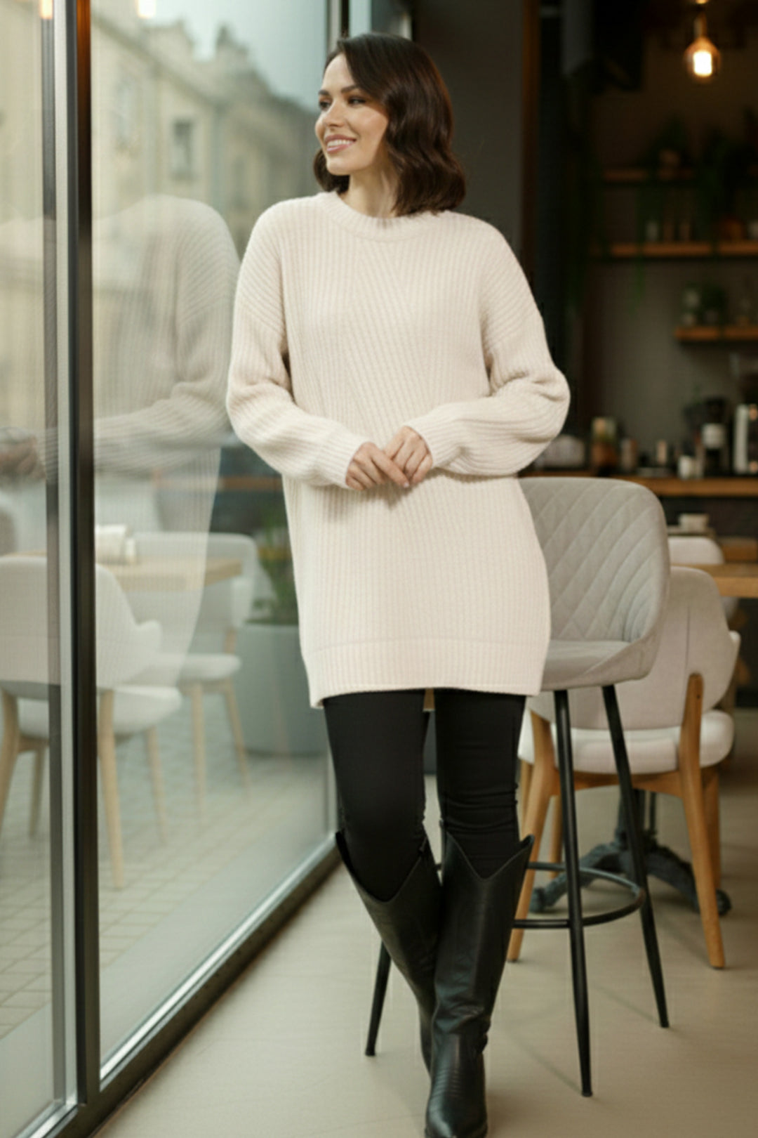 BNG Women Kendinden Desenli Triko Tunik R4444 Ekru - Miramar