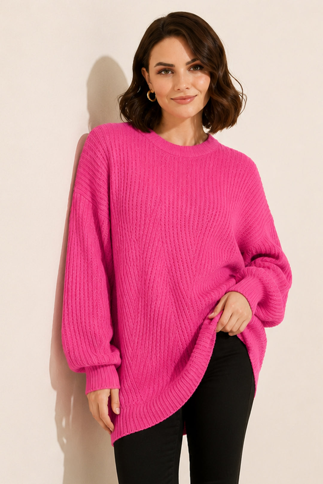 BNG Women Kendinden Desenli Triko Tunik R4444 Fuşya - Yuriria