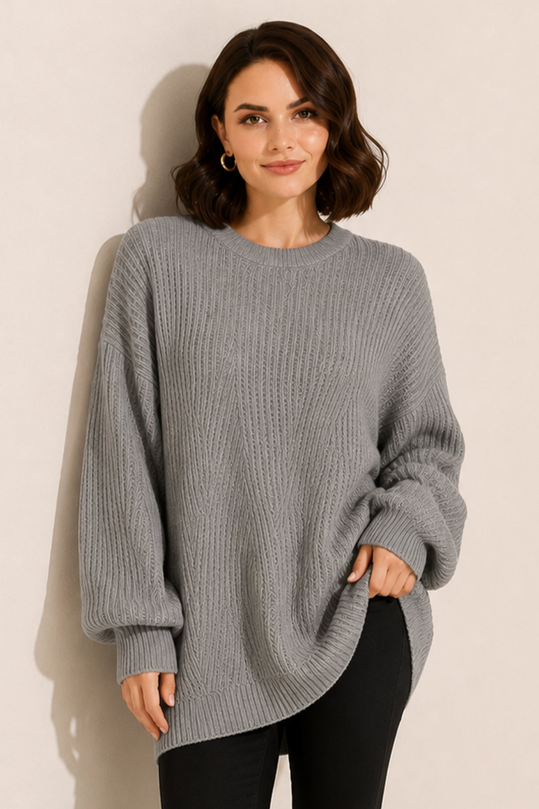 BNG Women Kendinden Desenli Triko Tunik R4444 Gri - Collierville