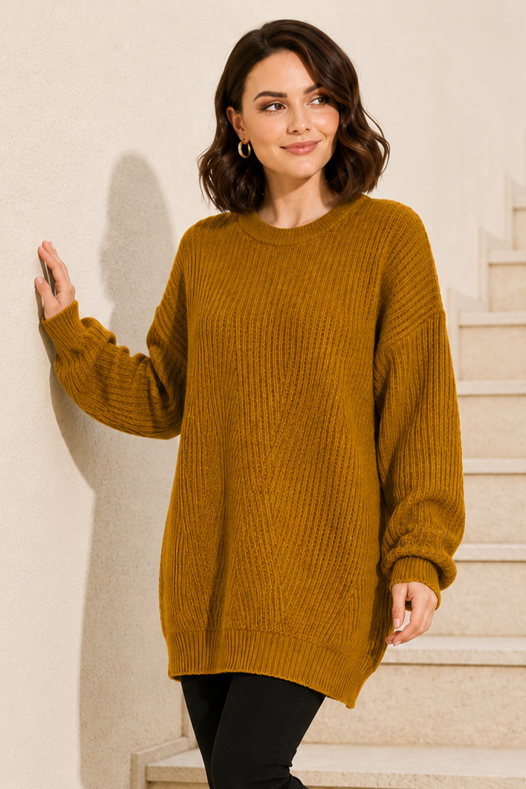 BNG Women Kendinden Desenli Triko Tunik R4444 Hardal - Martigues