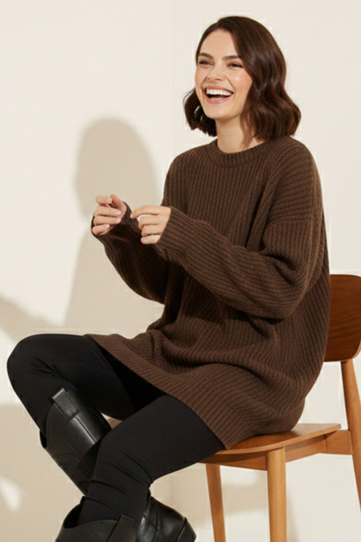 BNG Women Kendinden Desenli Triko Tunik R4444 Kahverengi - Cherry Hill