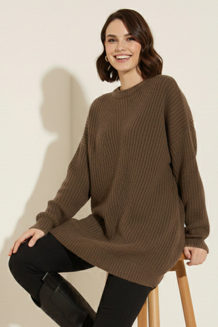 BNG Women Kendinden Desenli Triko Tunik R4444 Vizon - Halle