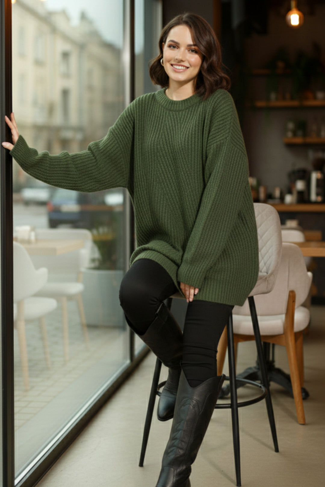 BNG Women Kendinden Desenli Triko Tunik R4444 Yeşil - Olympia