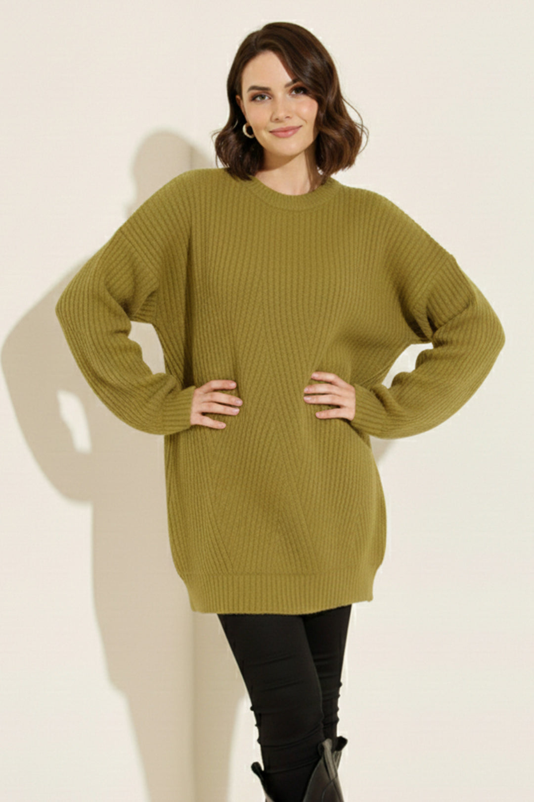 BNG Women Kendinden Desenli Triko Tunik R4444 Yağ Yeşili - Empalme