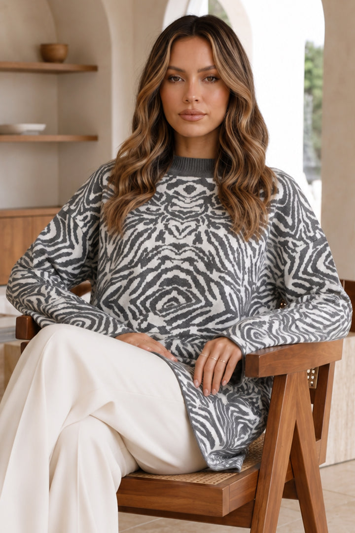 BNG Women Zebra Desenli Triko Tunik R7186 Antrasit - La Louvière