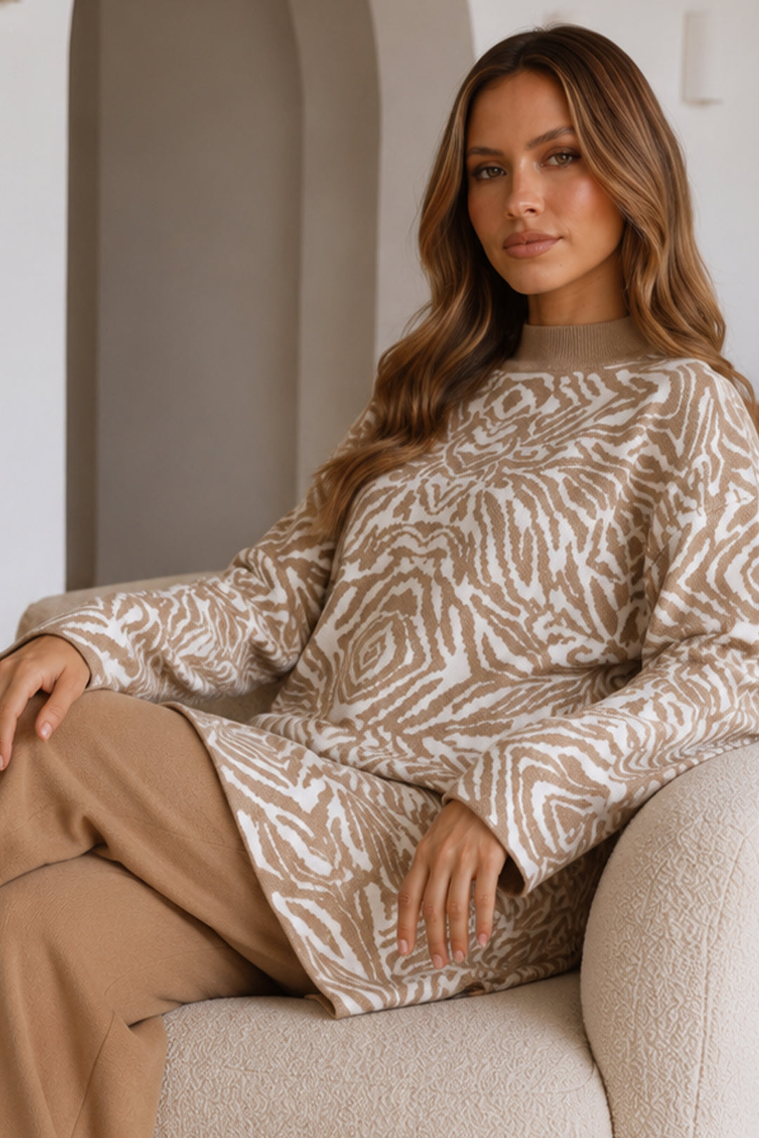 BNG Women Zebra Desenli Triko Tunik R7186 Bej - Liège