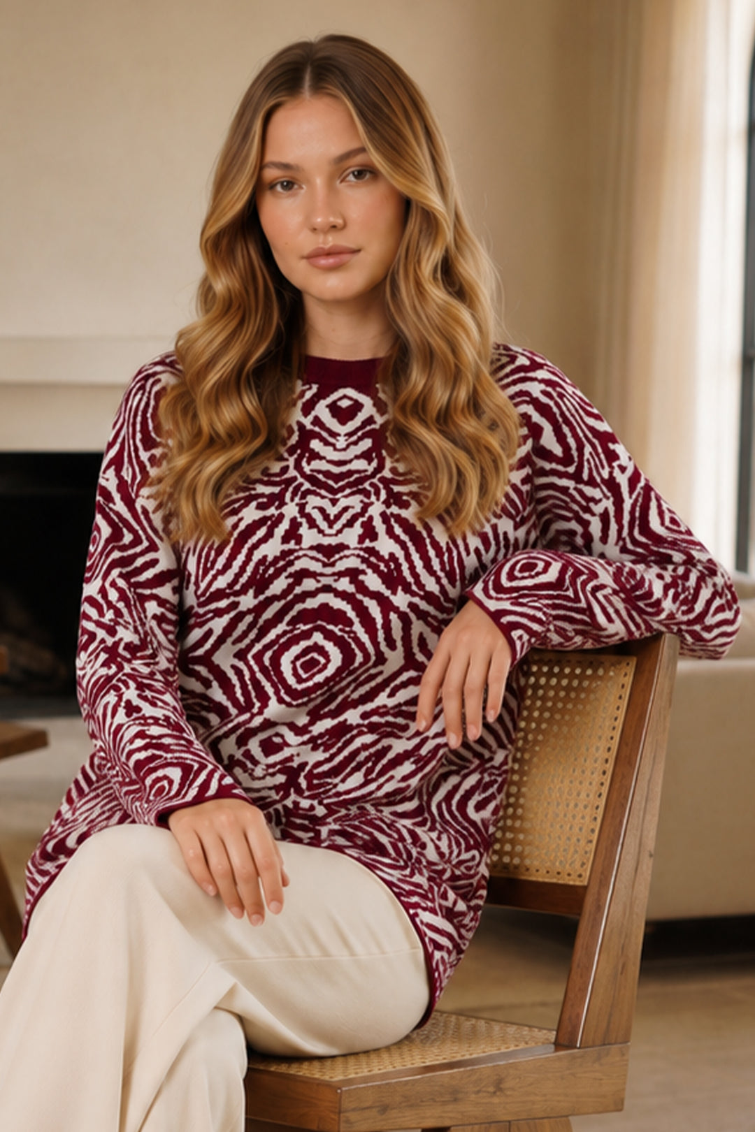 BNG Women Zebra Desenli Triko Tunik R7186 Bordo - Napier