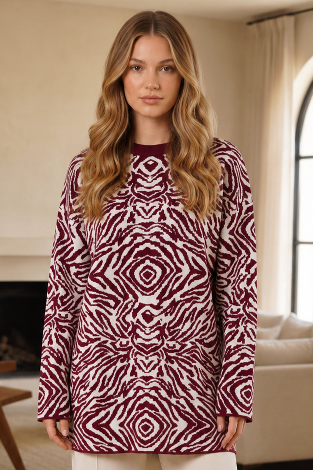 BNG Women Zebra Desenli Triko Tunik R7186 Bordo - Napier
