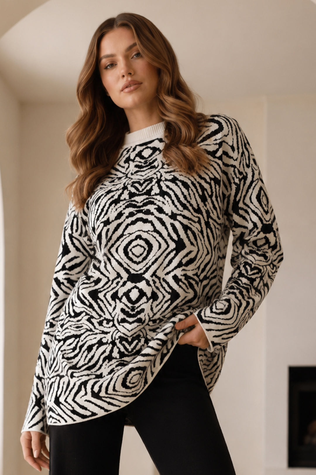 BNG Women Zebra Desenli Triko Tunik R7186 Ekru - Figueira da Foz