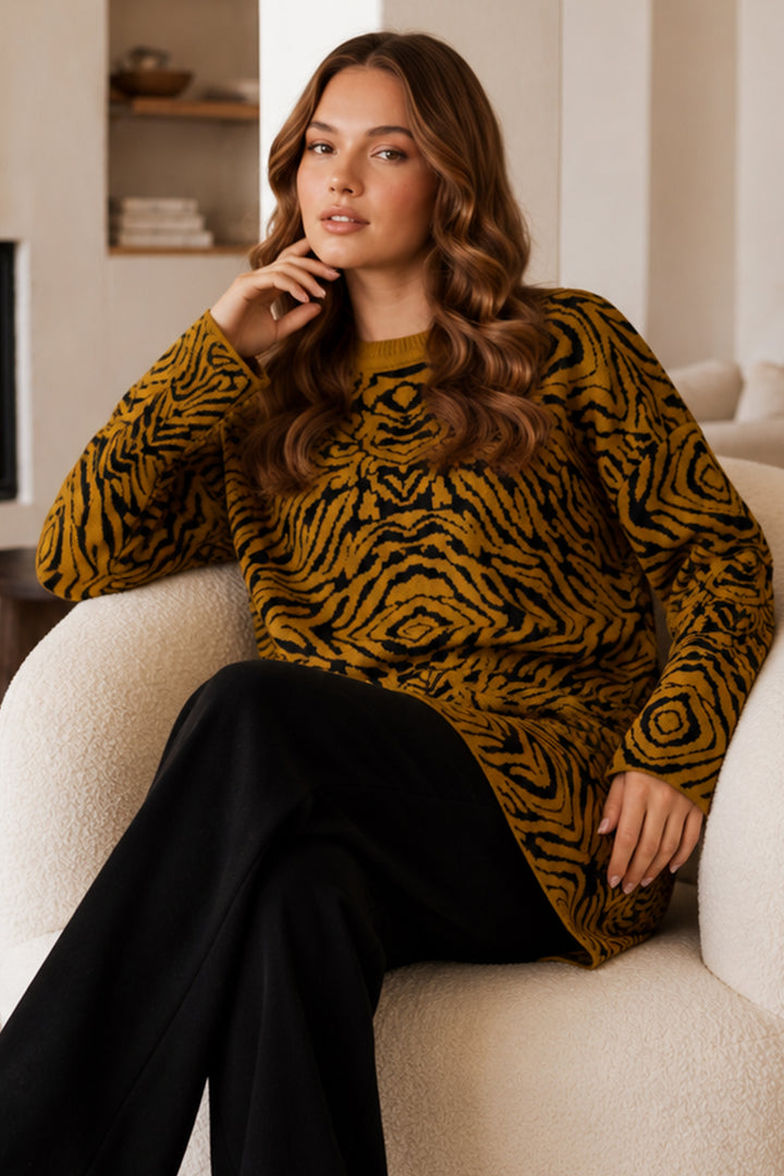 BNG Women Zebra Desenli Triko Tunik R7186 Yağ Yeşili - Braunschweig