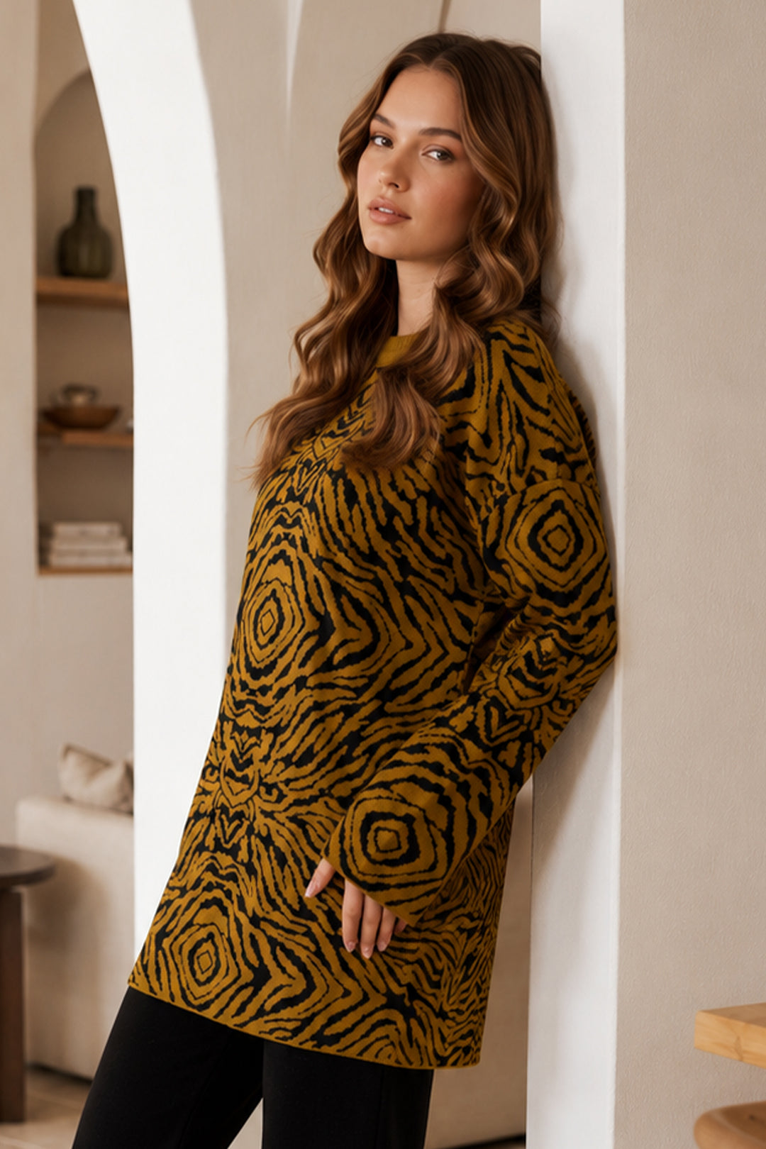 BNG Women Zebra Desenli Triko Tunik R7186 Yağ Yeşili - Braunschweig