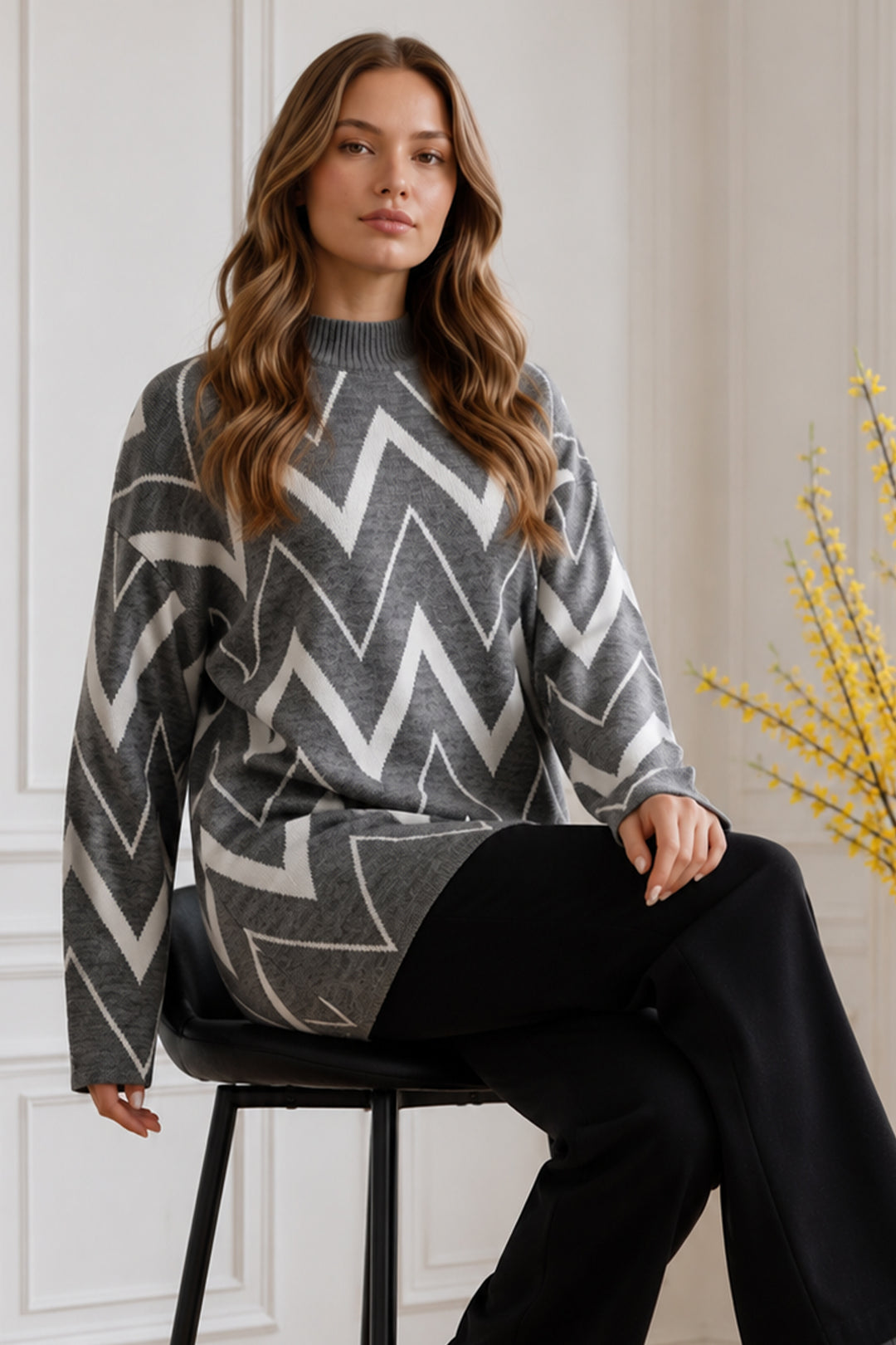 BNG Women Zikzak Desenli Triko Tunik R7187 Antrasit - Apex