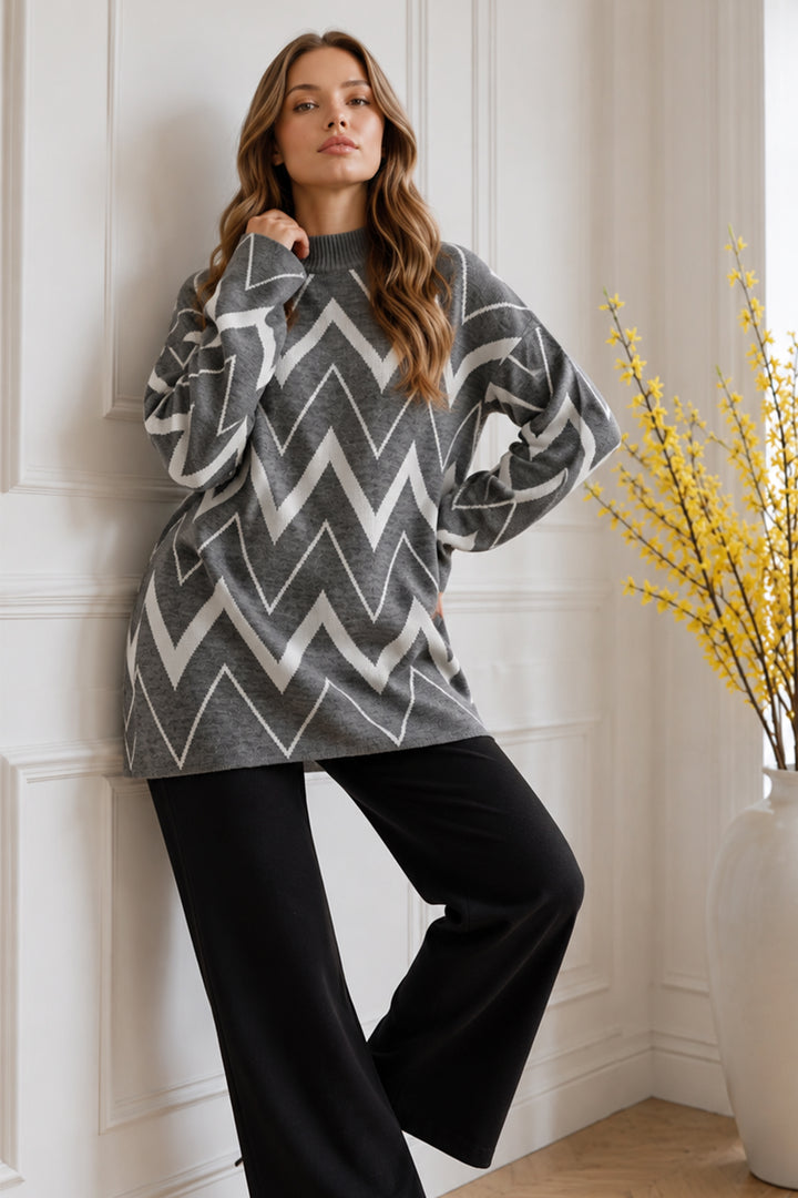 BNG Women Zikzak Desenli Triko Tunik R7187 Antrasit - Apex