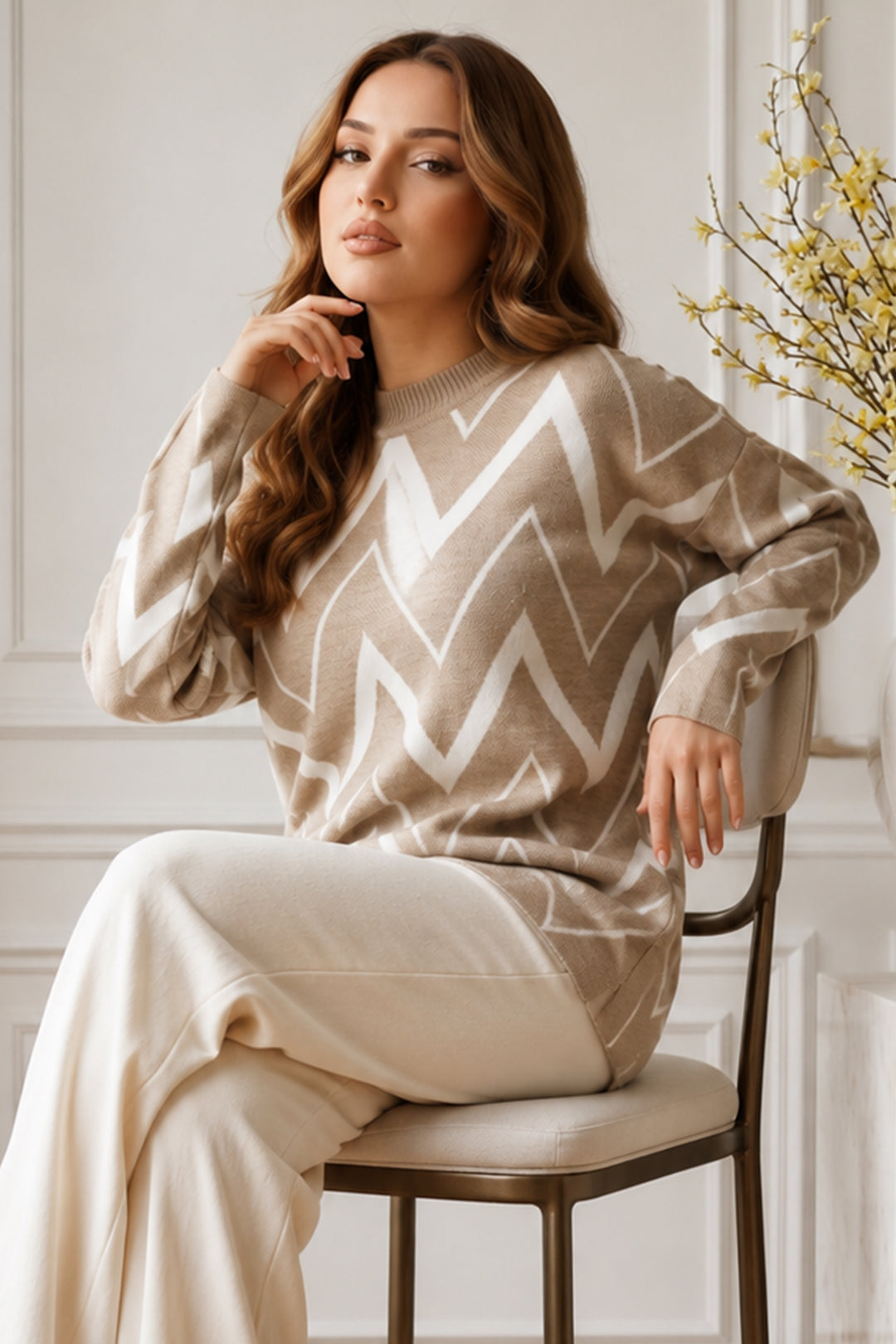 BNG Women Zikzak Desenli Triko Tunik R7187 Bej - Massy