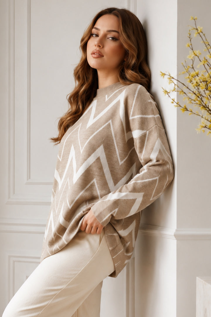 BNG Women Zikzak Desenli Triko Tunik R7187 Bej - Massy