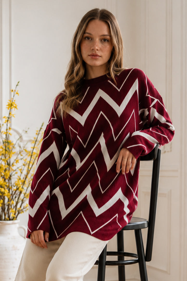 BNG Women Zikzak Desenli Triko Tunik R7187 Bordo - Noblesville