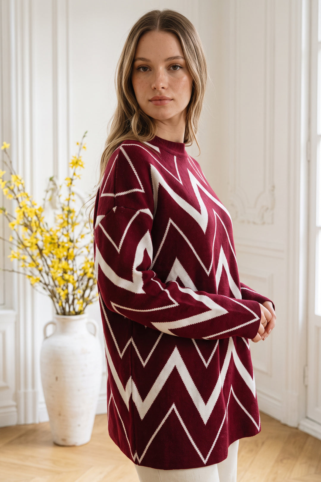 BNG Women Zikzak Desenli Triko Tunik R7187 Bordo - Noblesville