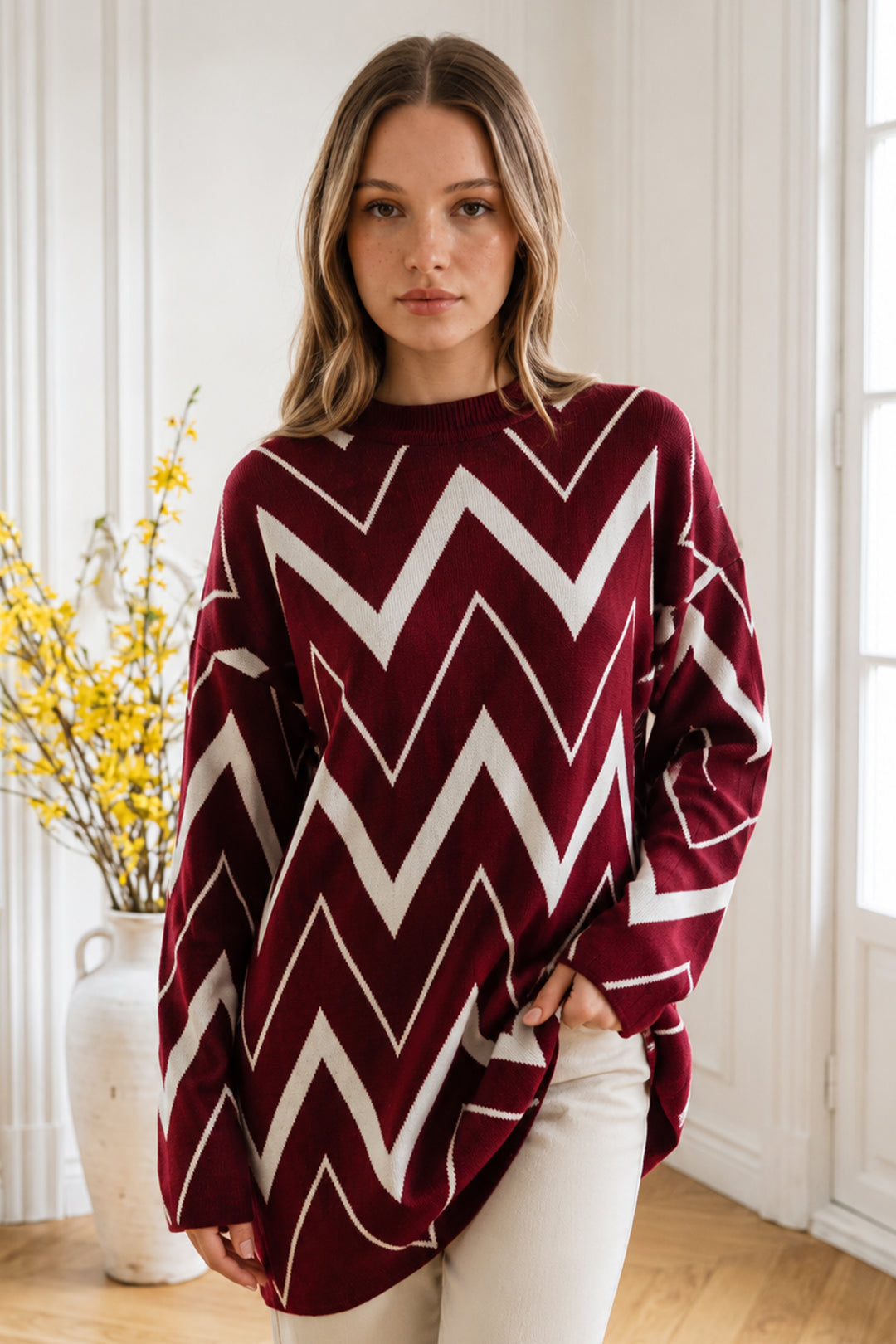 BNG Women Zikzak Desenli Triko Tunik R7187 Bordo - Noblesville