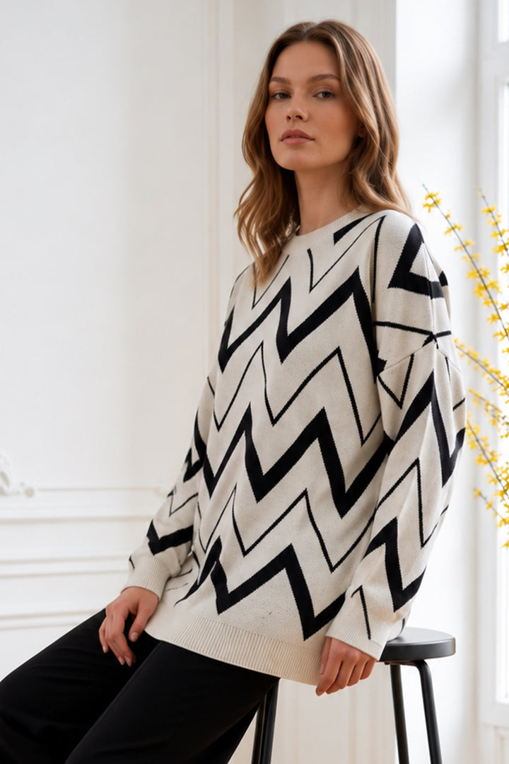 BNG Women Zikzak Desenli Triko Tunik R7187 Ekru - Cieza