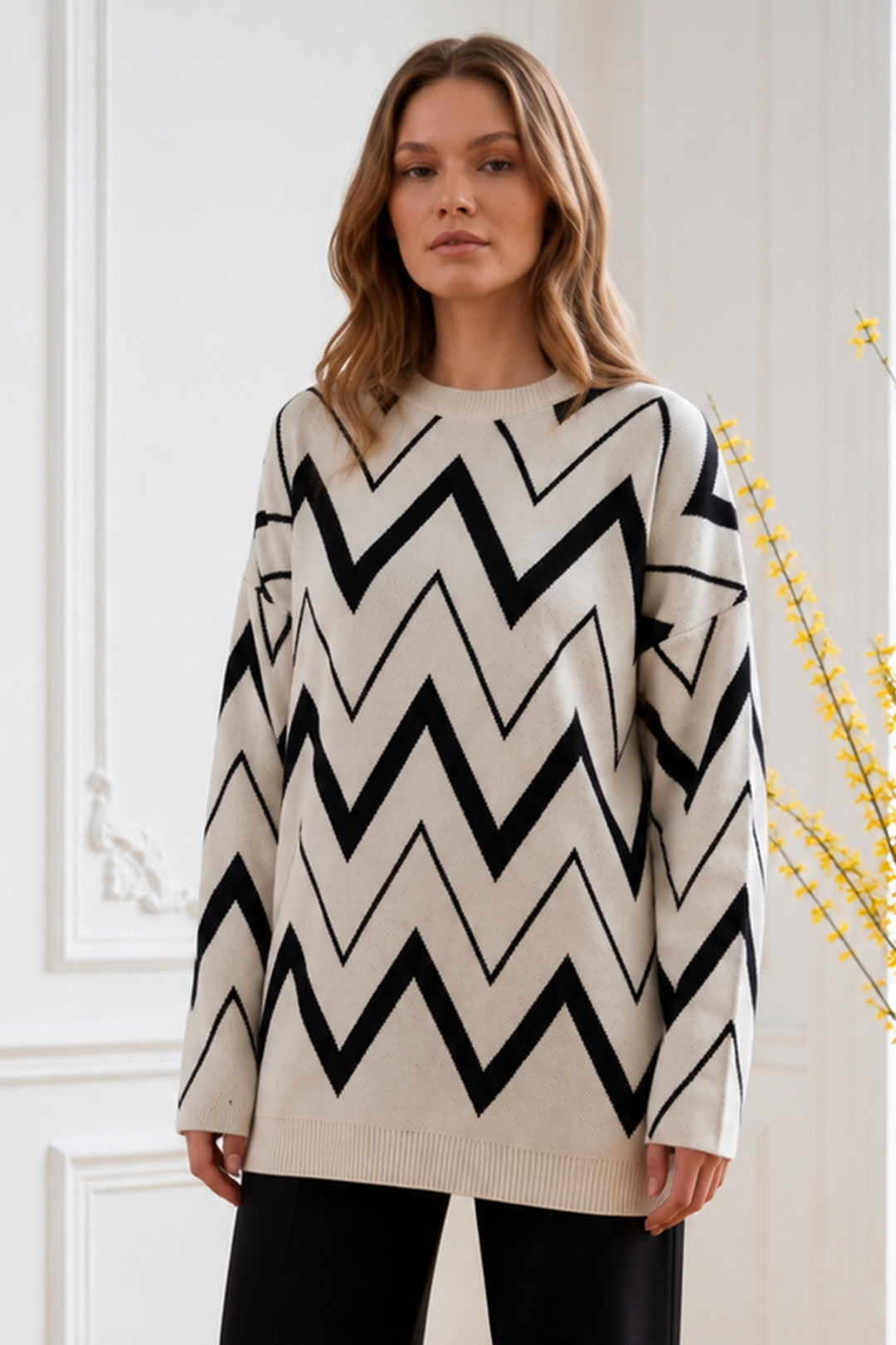 BNG Women Zikzak Desenli Triko Tunik R7187 Ekru - Cieza