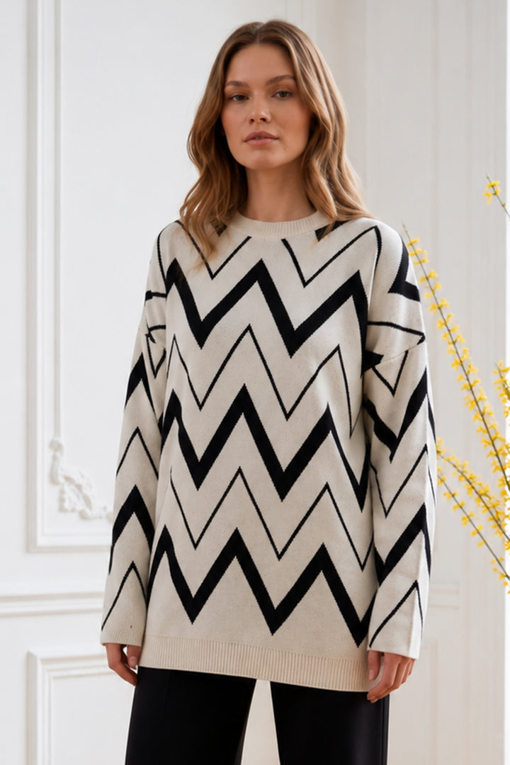 BNG Women Zikzak Desenli Triko Tunik R7187 Ekru - Cieza