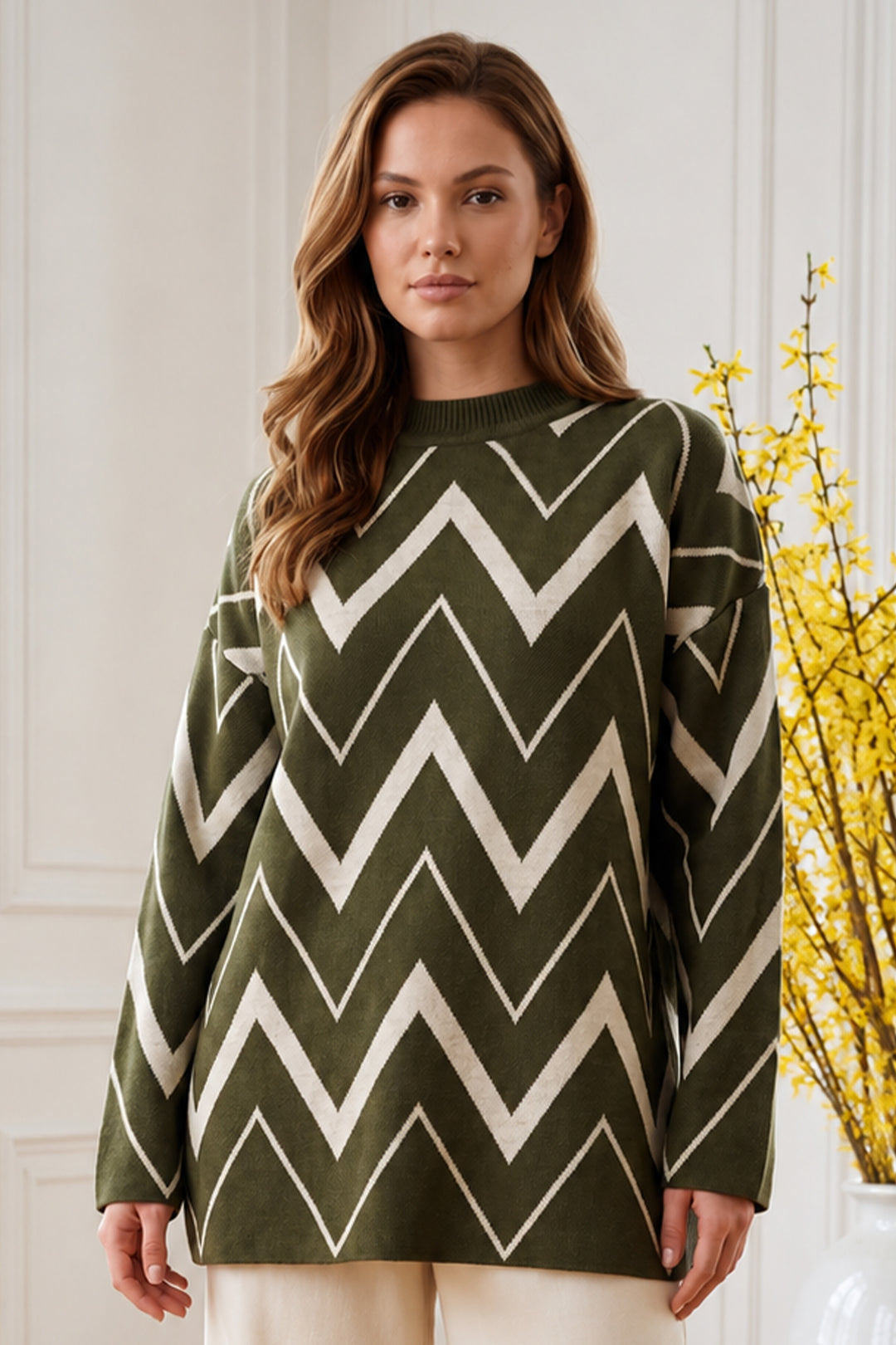 BNG Women Zikzak Desenli Triko Tunik R7187 Haki - Coeur dAlene