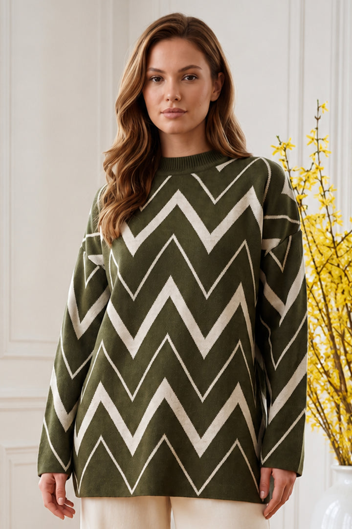 BNG Women Zikzak Desenli Triko Tunik R7187 Haki - Coeur dAlene