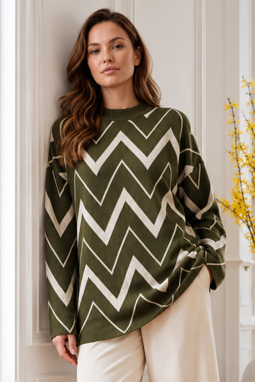 BNG Women Zikzak Desenli Triko Tunik R7187 Haki - Coeur dAlene