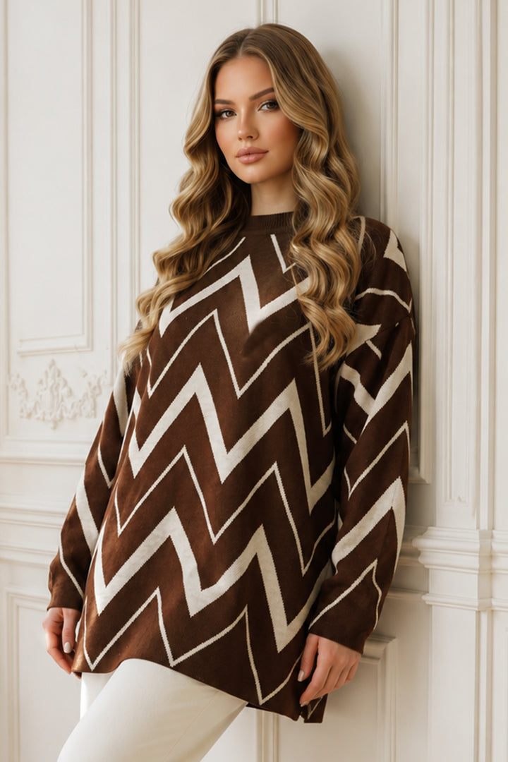 BNG Women Zikzak Desenli Triko Tunik R7187 Kahverengi - Basingstoke