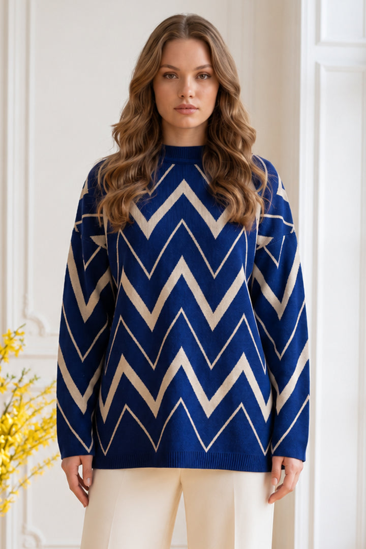 BNG Women Zikzak Desenli Triko Tunik R7187 Lacivert - Lake Charles